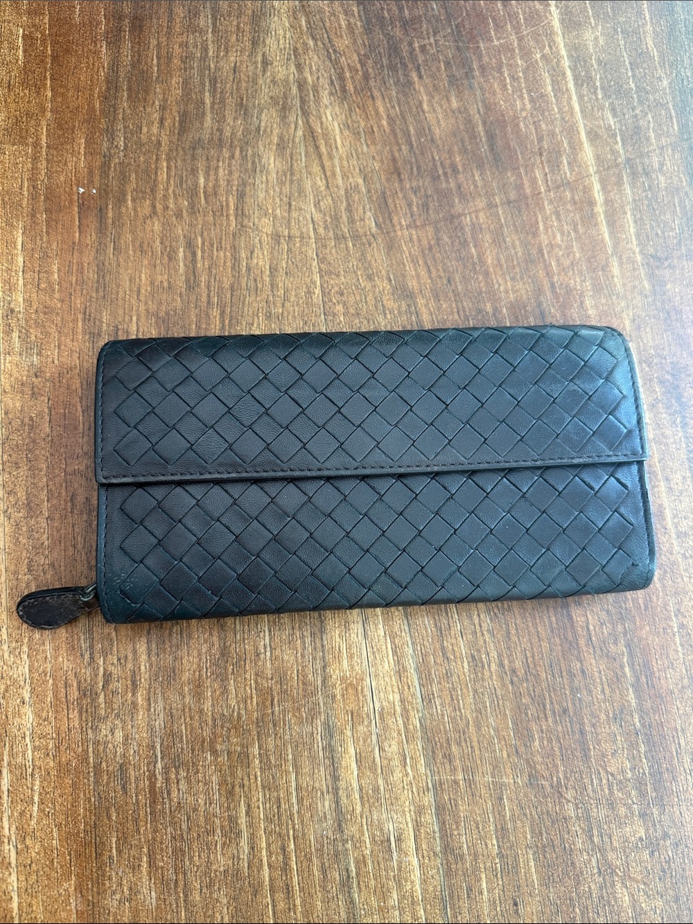 Bottega Veneta Intrecciato Piccolo Long Flap Wallet in Dark Brown